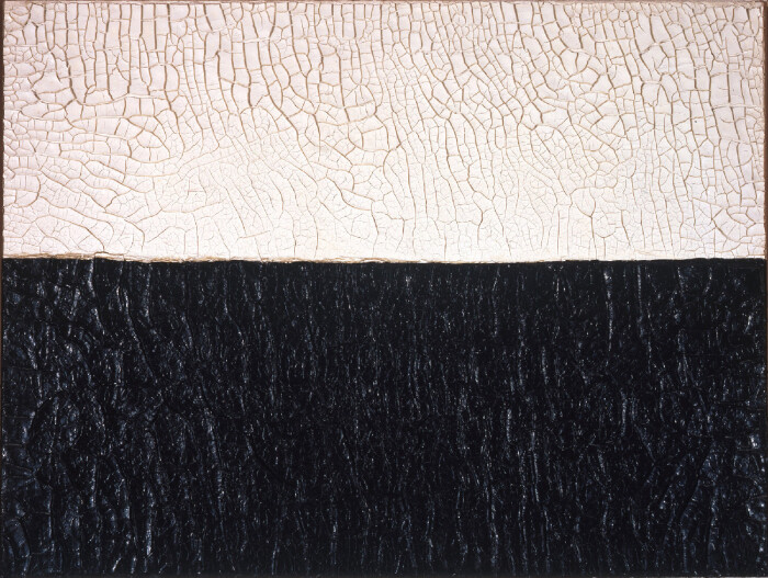 Alberto Burri_Terre_Olgiati, Bianco Nero Cretto, 1972, acrovinilico su cellotex, 76,5 x 101,5 cm